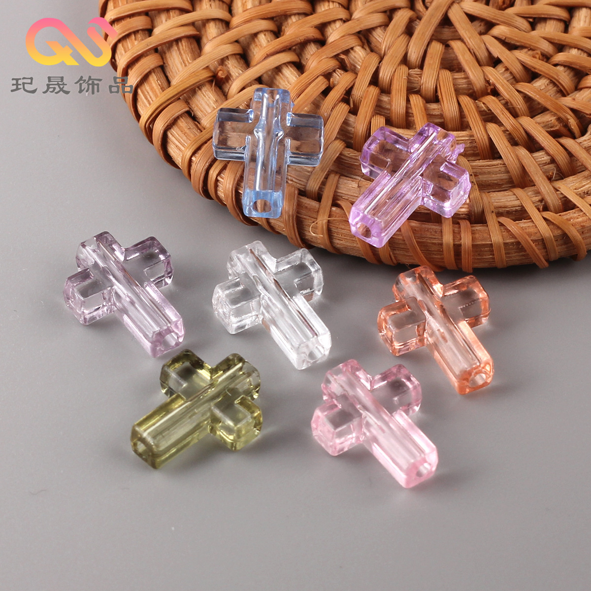 透明仿水晶穿孔十字架珠子DIY冰透散珠手链项链手串饰品配件批发