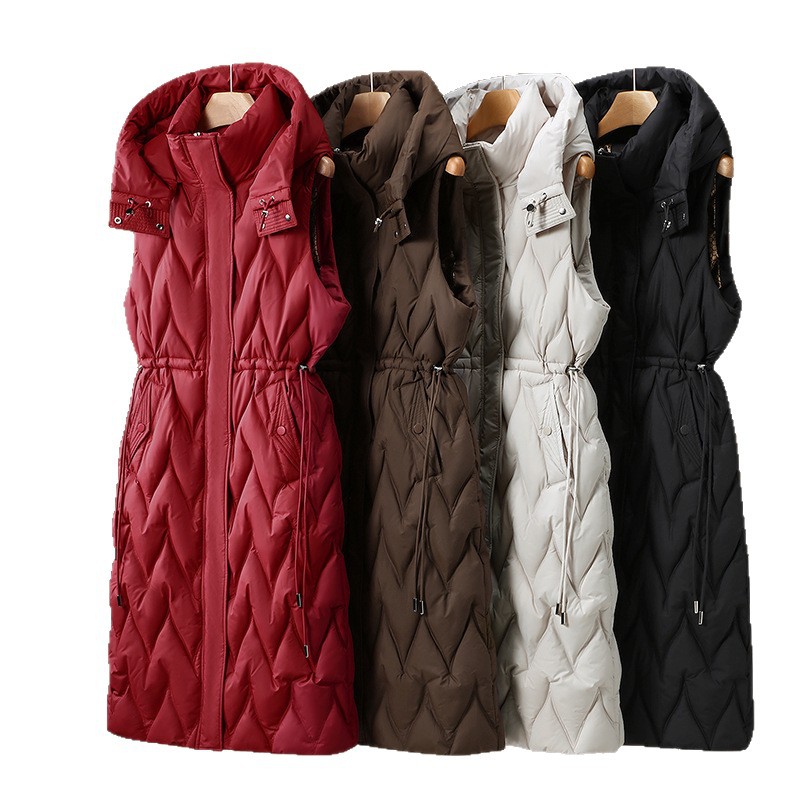 2025 comercio exterior europeo y americano largo chaleco de algodón sobre rodillas chaqueta con capuchón moda casual calentamiento hombro cintura abrazadera