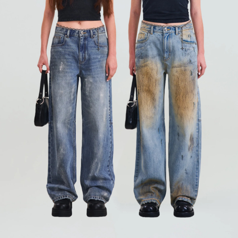 Smfk Cross-Pattern Tidal Wide Straight-Leg Jeans Handmade Distressed Wide-Leg Pants Long Pants Smfk Cross-Pattern Tidal Wide Straight-Leg Jeans Handmade Distressed Wide-Leg Pants Long Pants