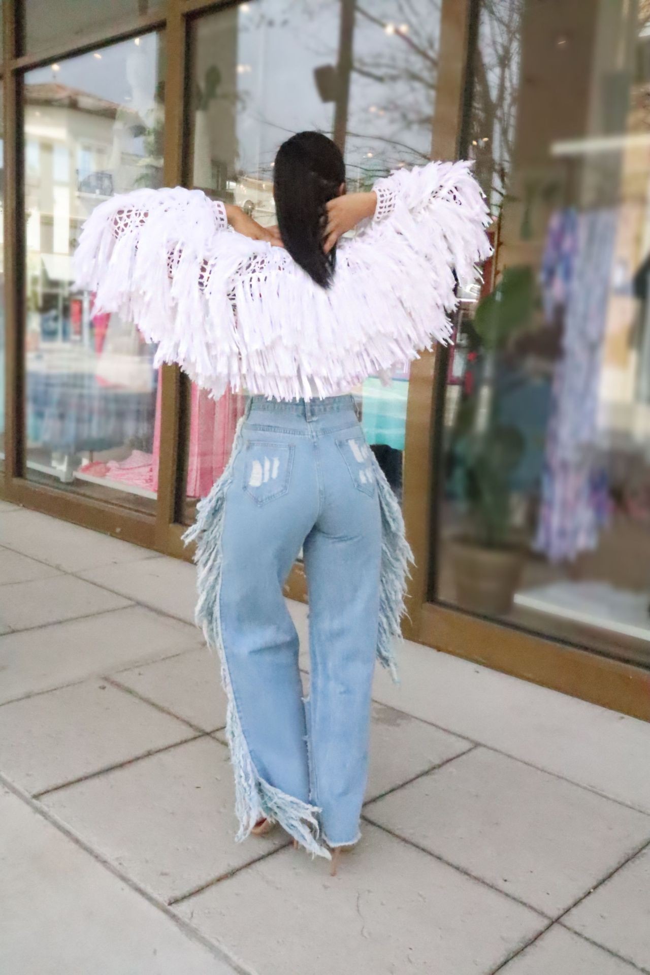 rhinestone stitching tassel edge ripped jeans NSQDH126894