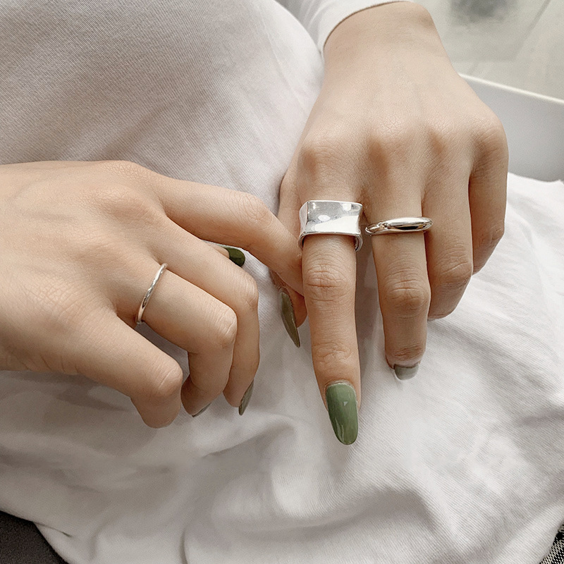 925 silver square wide edge basic ring Women's simple retro fashion cold style geometric open ring ins fashion