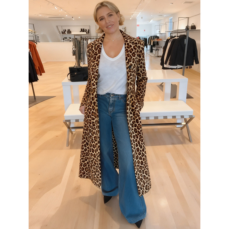 2025 Autumn and Winter New European and American Cross-Border Hot-Selling Women's Suit Collar Leopard Print Jacket Casual Extended Windbreaker