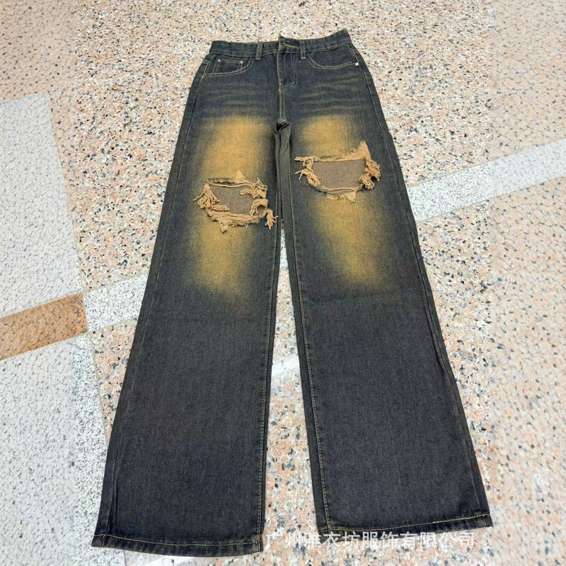 Thai-style denim pants for export, high-waisted straight-leg pants, new loose wide-leg floor-length pants for women
