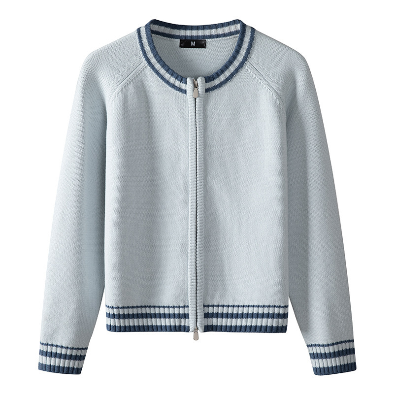 100% Pure Cotton Autumn and Winter Double-Zip Round-Neck Color-Blocked Women's Knitted Cardigan Zip-Up Jacket Baseball Sweater