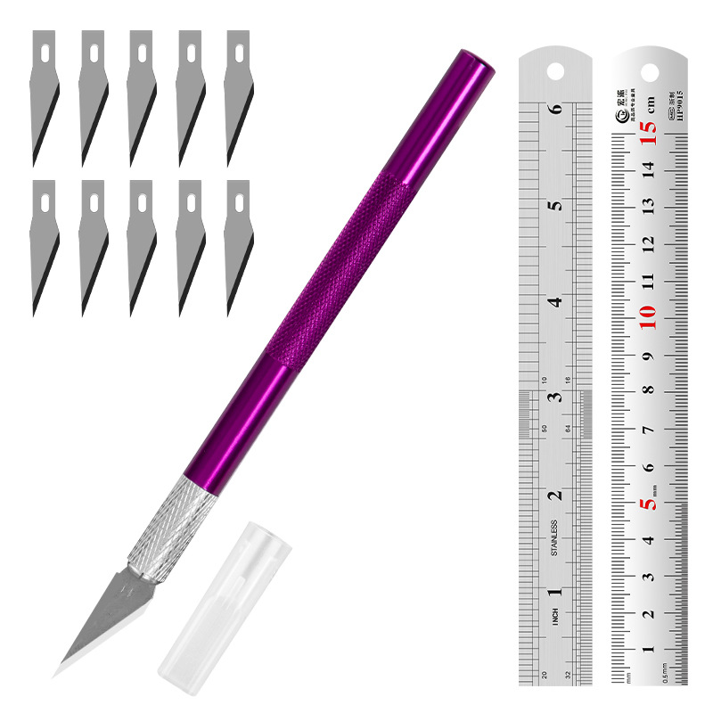 Juego de herramientas de tallado transfronterizo: cuchillo y regla de acero, cuchillo para manualidades con kit de cuchillas, regla de acero inoxidable de 15 cm para uso en bricolaje.