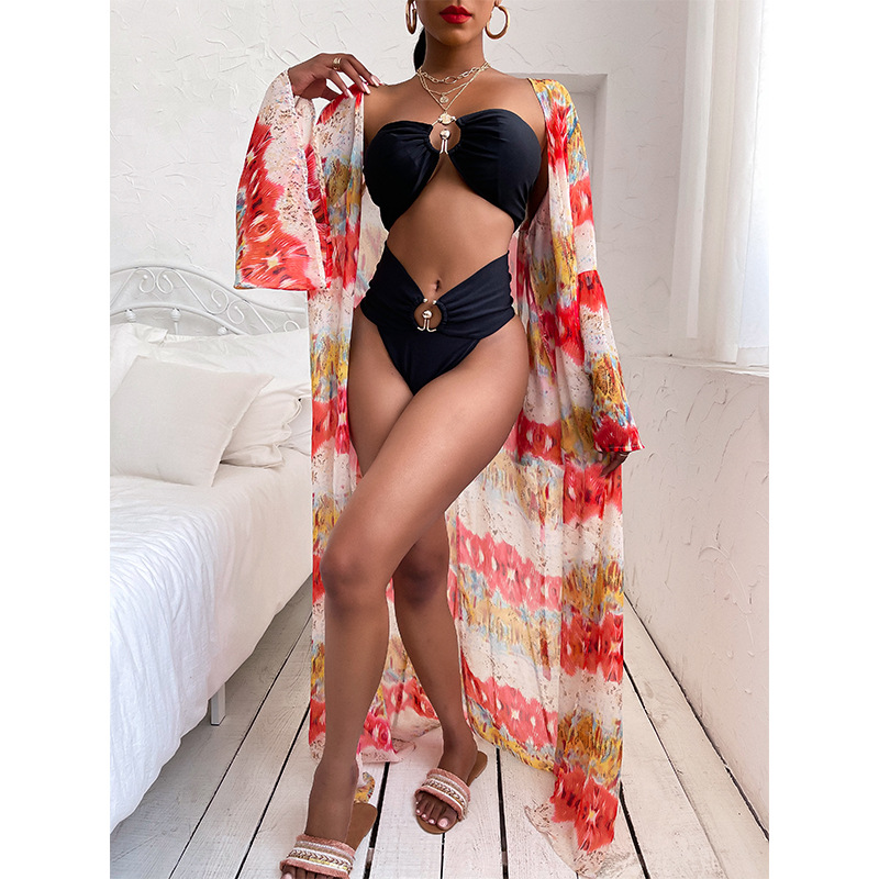 loose long-sleeved printed beach dress NSMAN51437