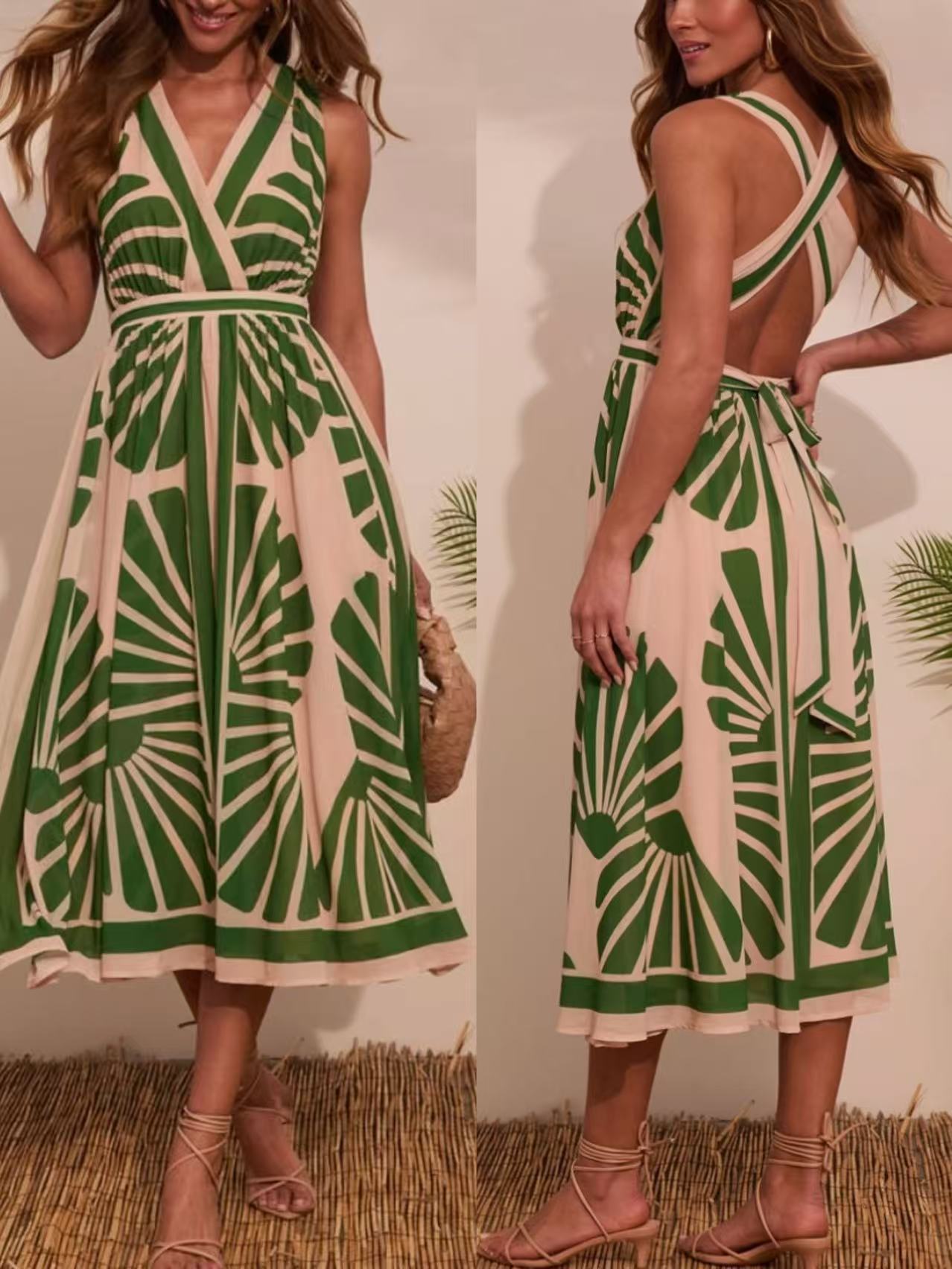 2025 Cross-Border Foreign Trade European And American Women's Clothing V-Neck Sleevel Bohemian Printed Long_ecoleips.com