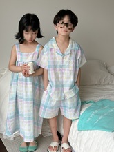 童套装2024夏男女童韩版格子吊带连衣裙儿童短袖短裤两件套末何之