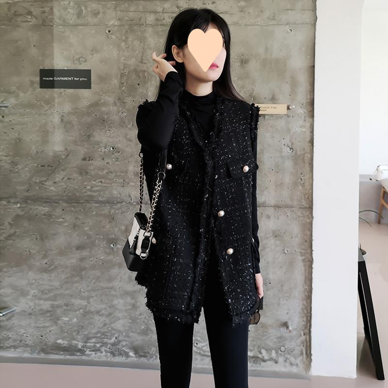 Plus Size Women's Chanel-Style Vest Jacket, New Spring and Autumn Shiny Tweed Vest, Korean Style Trendy Loose Top