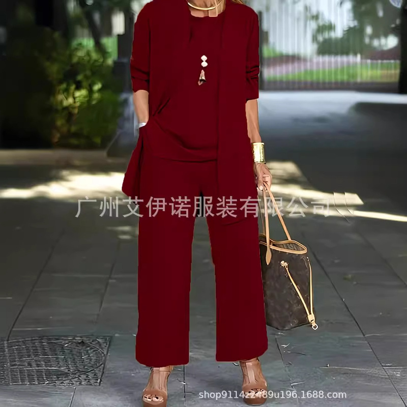 temu.卖现货纯色开叉圆领无袖背心上衣长袖开衫外套阔腿裤套装女|undefined