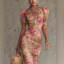 2026新款法式泡泡袖印花修身长裙欧美跨境时尚压褶连衣裙