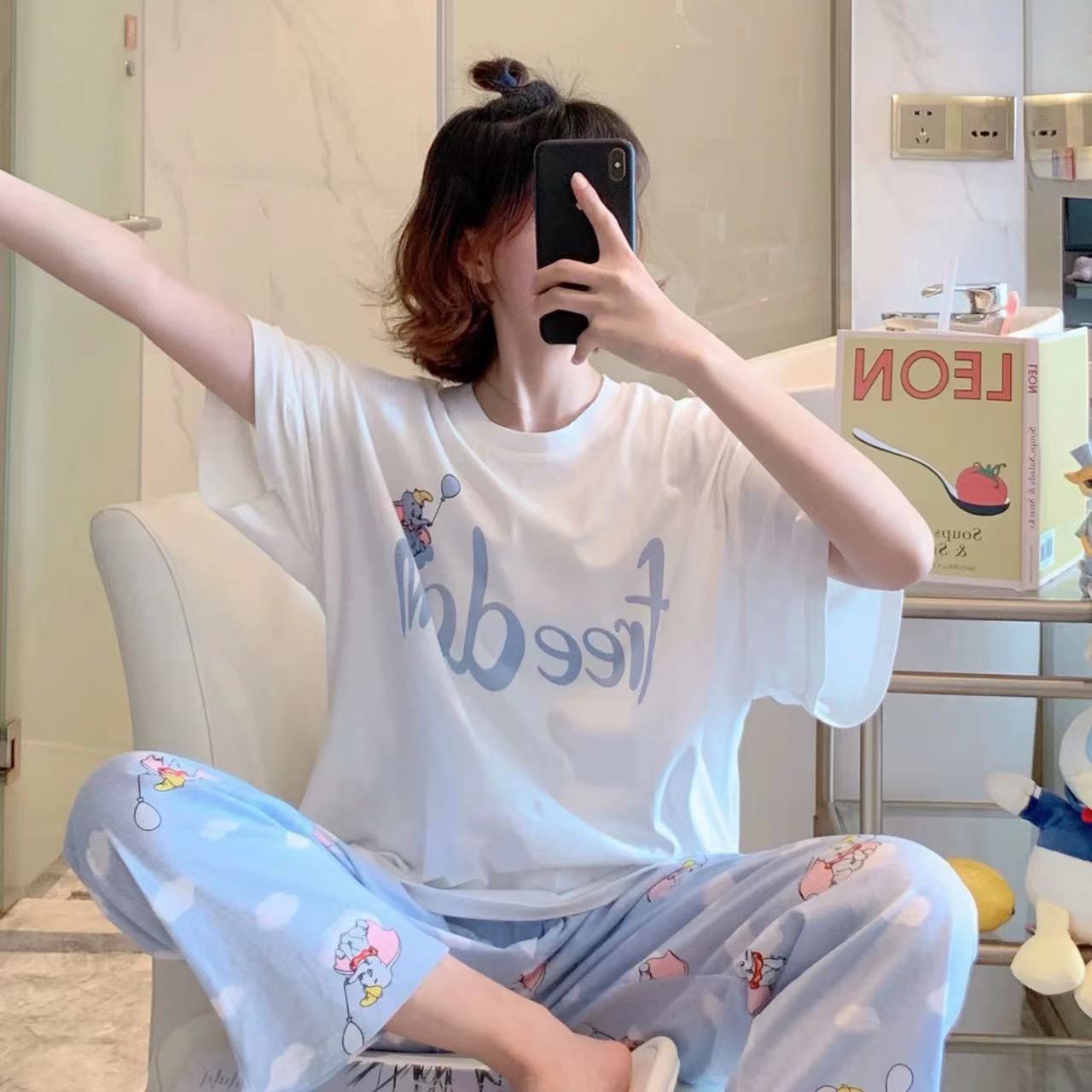 Pijamas para mujer, conjunto de verano de manga corta y pantalón largo para estar en casa, novedad 2025, primavera y otoño, estilo dibujos animados, estilo estudiantil, corte holgado.