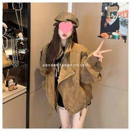 美拉德仿麂皮绒机车服外套女秋季休闲宽松翻领廓形工装夹克上衣