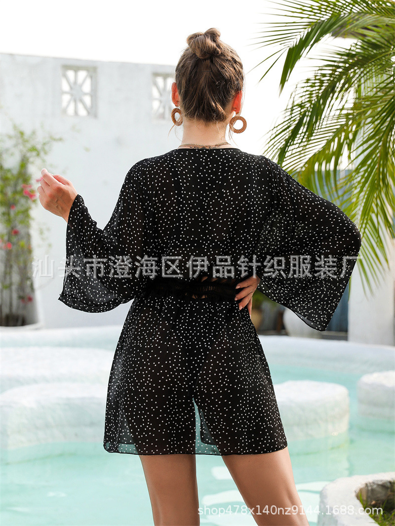 2022跨境新款镂空手勾泳衣外搭开衫沙滩罩衫波点雪纺防晒衣 批发