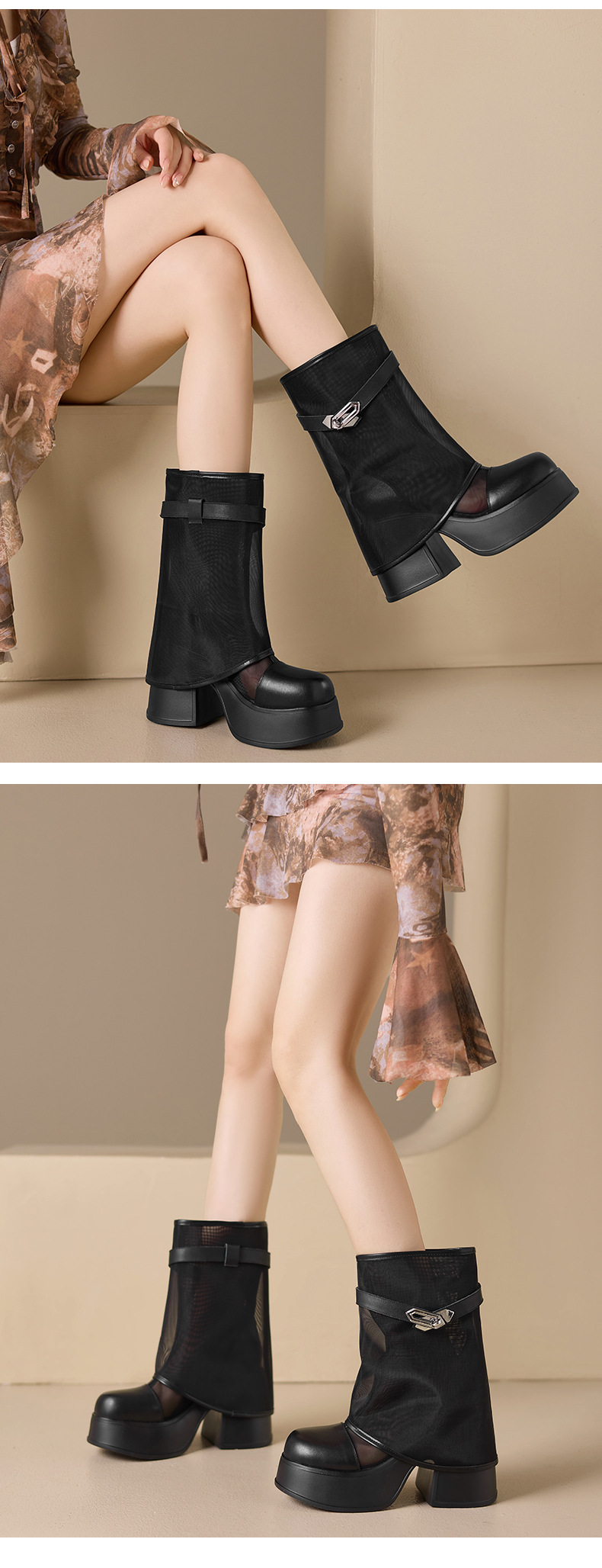 Boot nữ cổ cao ôm bắp chân đế dày 10 cm, lưới thoáng khí, khóa kim loại — màu đen, màu trắng chi tiết 10