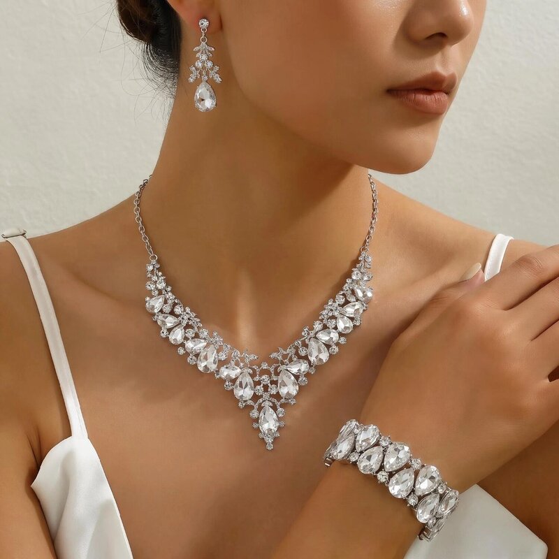 European and American cross-border luxury diamond-studded necklace, earring, and bracelet set, perfect for wedding dresses, evening gowns, and as fashionable accessories for brides at evening parties
