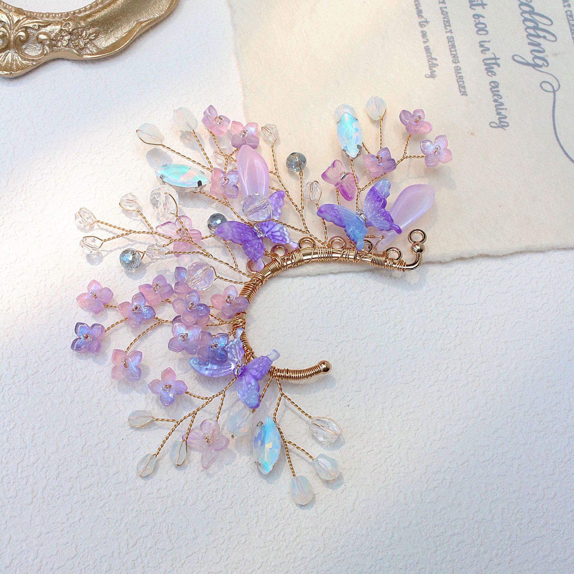 European and American Prom Party Accessories Fairy Ear Cuffs Handmade Niche Earrings Glass Purple Flower Acetate Butterfly Ear Cuffs