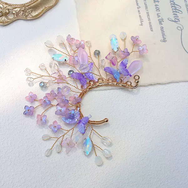 European and American Prom Party Accessories Fairy Ear Cuffs Handmade Niche Earrings Glass Purple Flower Acetate Butterfly Ear Cuffs