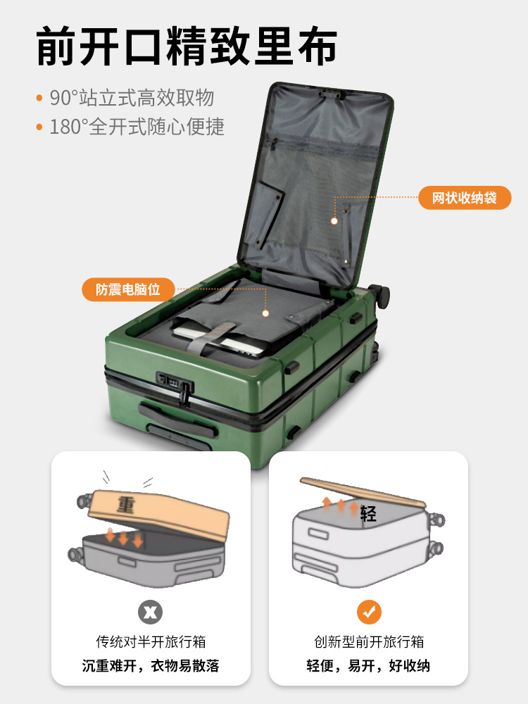 Equipaje de cubierta abierta frontal multifuncional recargable para mujer Estuche de carro de negocios de 20 pulgadas para hombre maleta de embarque ligera 24