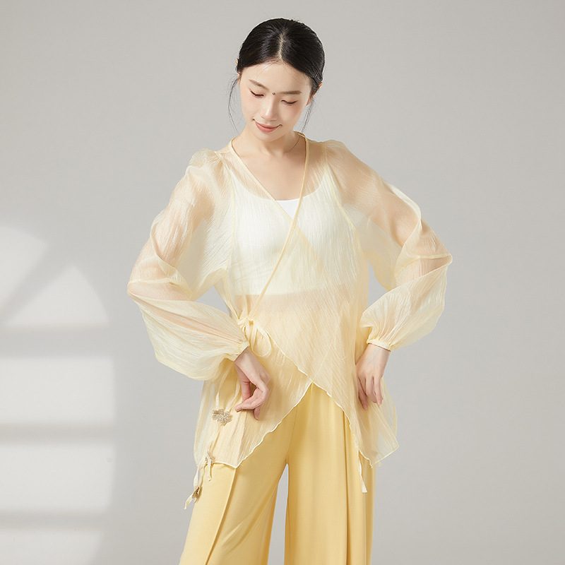 クラシックダンス服、エレガントな長袖女性用夏用薄手ガーゼブラウス、中国モダンダンス練習着トップス|undefined