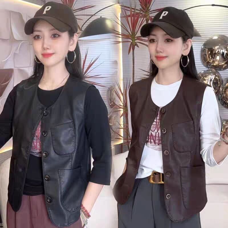 European Round Neck Leather Vest Women's Short 2025 Autum New Fashion Retro Single-Breasted Waistoutwear Jacket Top Trendy