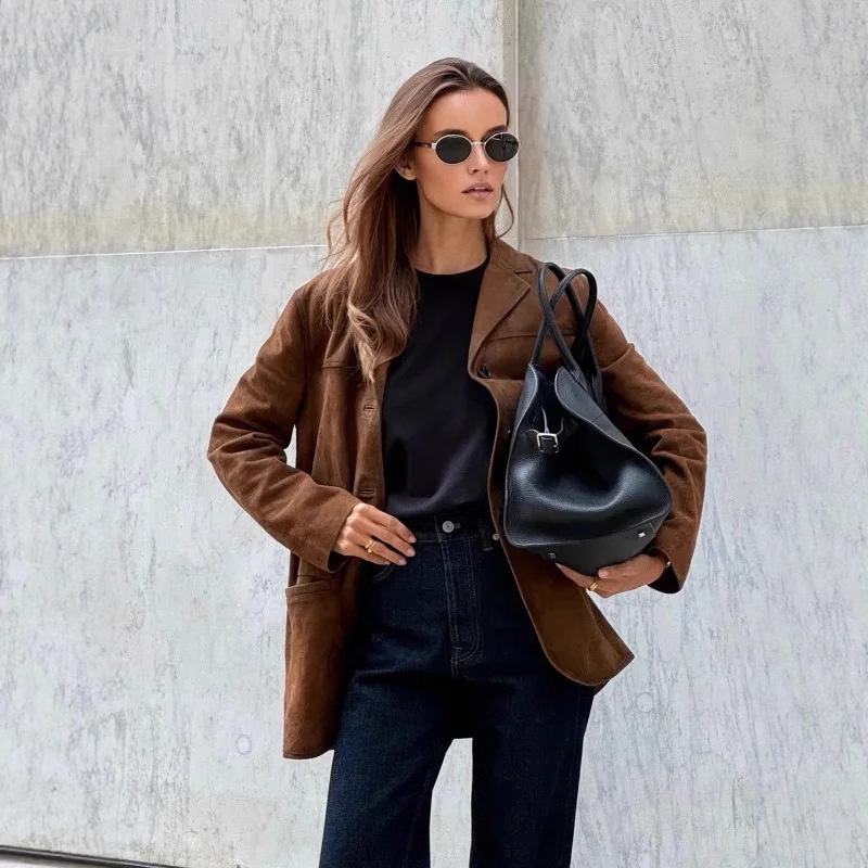 European and American Cross-Border Women's Clothing Autumn and Winter New Style Lapel Suede Button Fashion Retro Suit Jacket