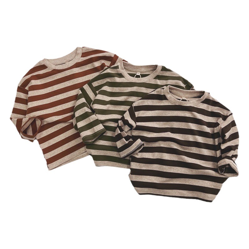 Otoño 2024 niños de manga larga Camiseta de los niños de Corea del Sur rayas retro cuello redondo camisa de fondo suelto para niños y niñas