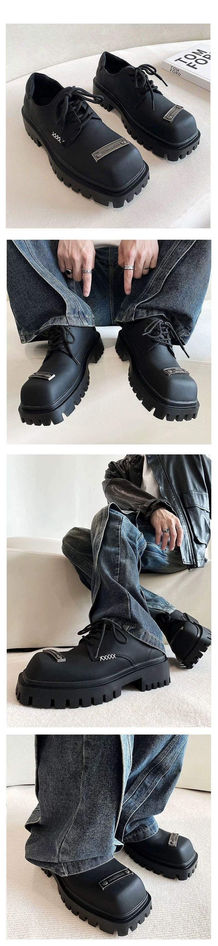 ShoeVault Herbst Herren Square Toe Nischen Martin Stiefel Dicke Sohle Höhe Erhöhen Casual Leder Matte Pendler Derby Friseur_voghion.com