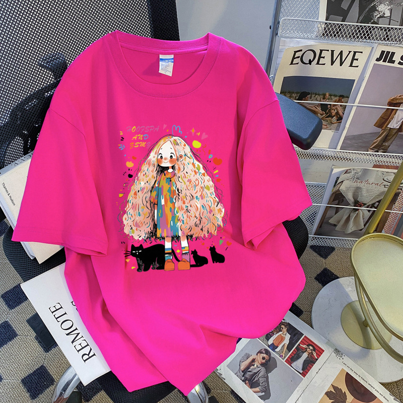 Real shot special 200g cotton plus size Korean version of loose casual printed T-shirt summer new Joker shoulder short sleeve women Real shot special 200g cotton plus size Korean version of loose casual printed T-shirt summer new Joker shoulder short sleeve women