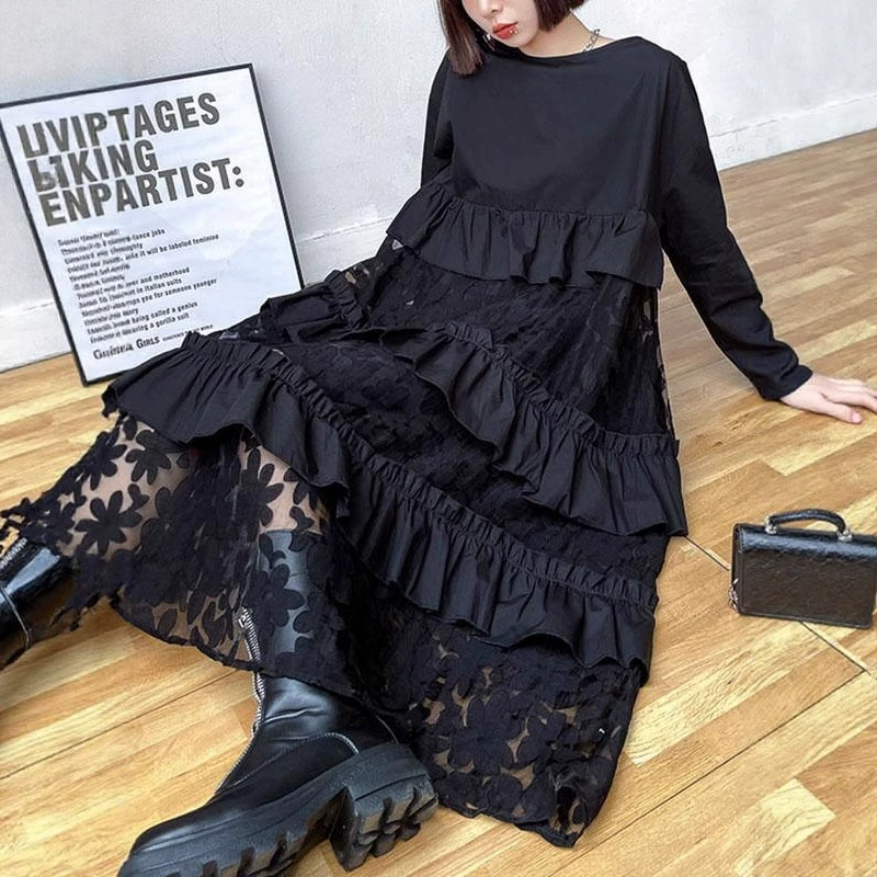 В наличии женское осеннее свободное утягивающее прочное платье больших размеров, новое элегантное многоярусное платье из сетчатой ​​ткани