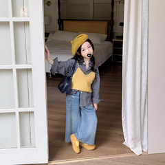 女童韩版秋季新款纯色背心格子衬衣2025百搭休闲宽松牛仔裤三件套