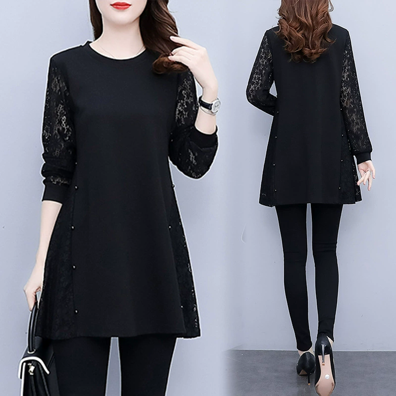 Подлинная стрельба для женщин большого размера 2024 осенний новый кружевной сшитый темперамент толстая сестра топ футболка свободная крышка