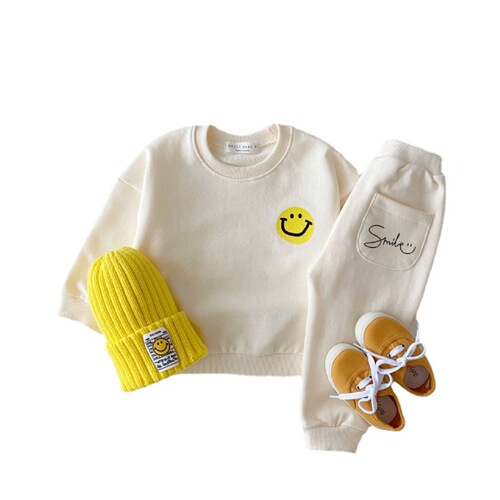 2024 Spring and Autumn Season Unisex Baby and Toddler Cotton Set with Smiling Design Loose Sweatshirt and Sweatpants Two-Piece Set