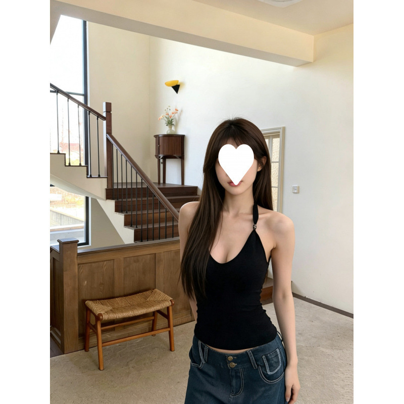 Hot Girl Style Black V-Neck Beaded Halter Neck Tank Top for Women, Spring Niche Slim-Fit Sleeveless Top
