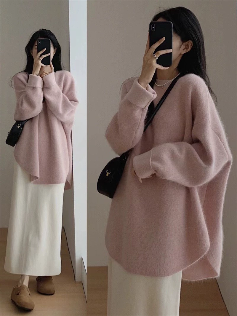 Демисезонный вязаный oversized свитер, корейский стиль, One size, свободный крой