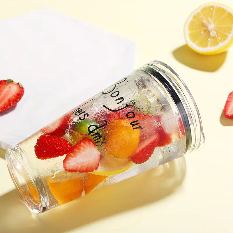 Large Capacity Fruit Tea Milk Beverage Plastic Cup Popular Ins Style Transparent Pink Heart Covered Straw Water Cup