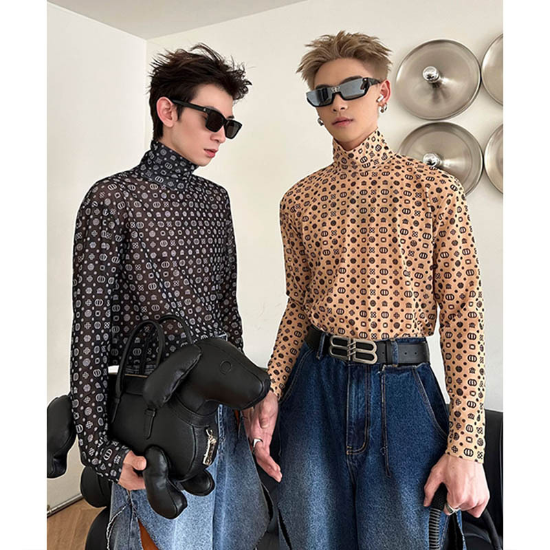 [SHOPEE Explosions] PH Cross-border Men's European and American Style Double-grain Bead Mesh Long-sleeved T-shirt Fashionable Men's Mesh