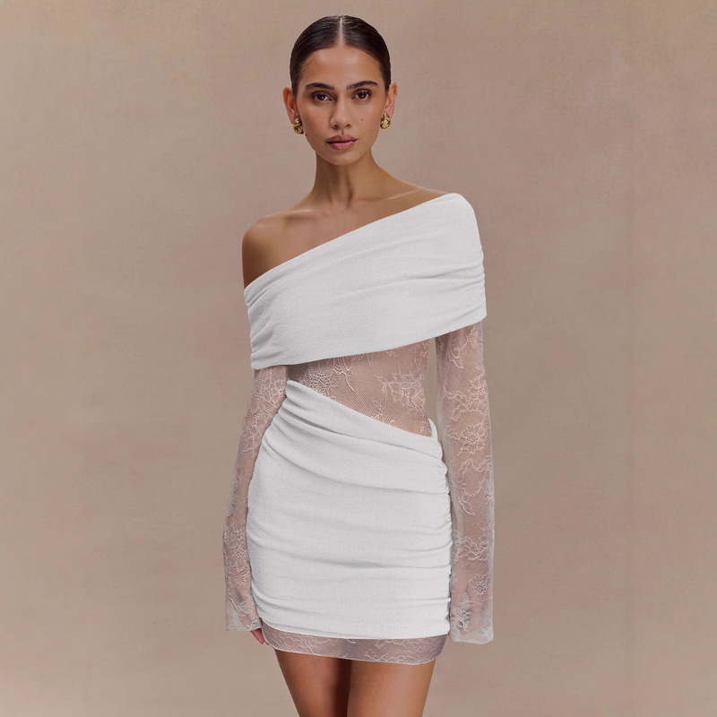 Cross-Border Amazon Autumn and Winter Popular Long-Sleeved Slanted Shoulder Collar Sexy Hip-Hugging Pleated Hip-Hugging Dress High-End Short Skirt Cross-Border Amazon Autumn and Winter Popular Long-Sleeved Slanted Shoulder Collar Sexy Hip-Hugging Pleated Hip-Hugging Dress High-End Short Skirt