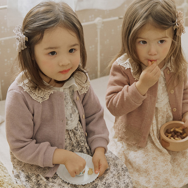 Girls Knitted Cardigan Spring Korean Children Girls Style Doll Collar Lace Long Sleeve Short Thin Coat