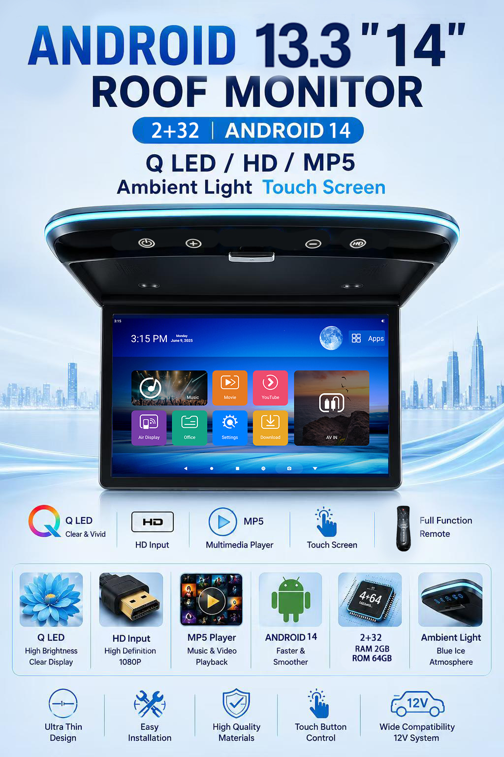 13.3inch Ceiling-mounted Android display 13.3inch Ceiling-mounted MP5 display Rear-seat car ceiling-mounted display