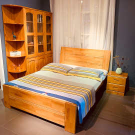 柏木单双人床柏 全实木中式卧室家具储物床 简约原木婚床1.5米1.8