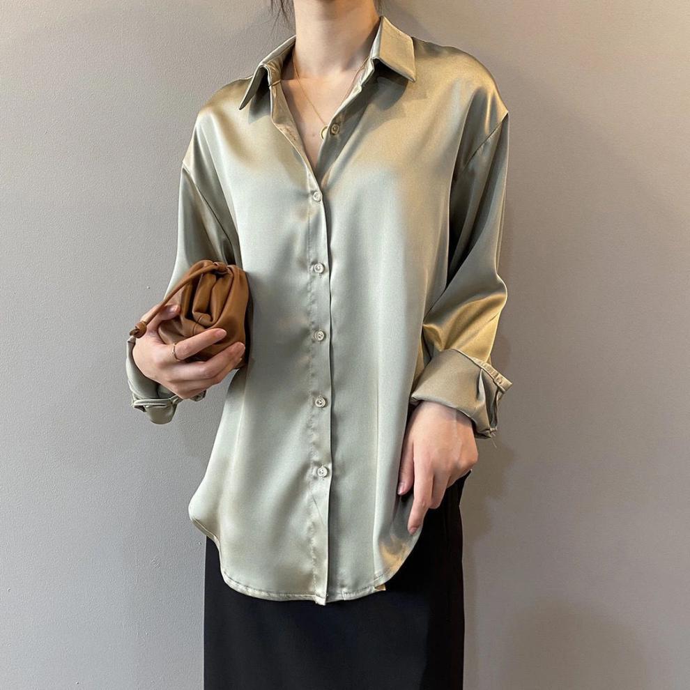 Women's Clothing acetate satin shirt women's glossy outer wear drape long sleeved shirt design niche light mature top spring_voghion.com