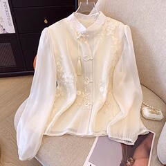 中国風刺繍シフォンシャツ春新中国式レトロ盤ボタン立襟気質上着シャツa 3171