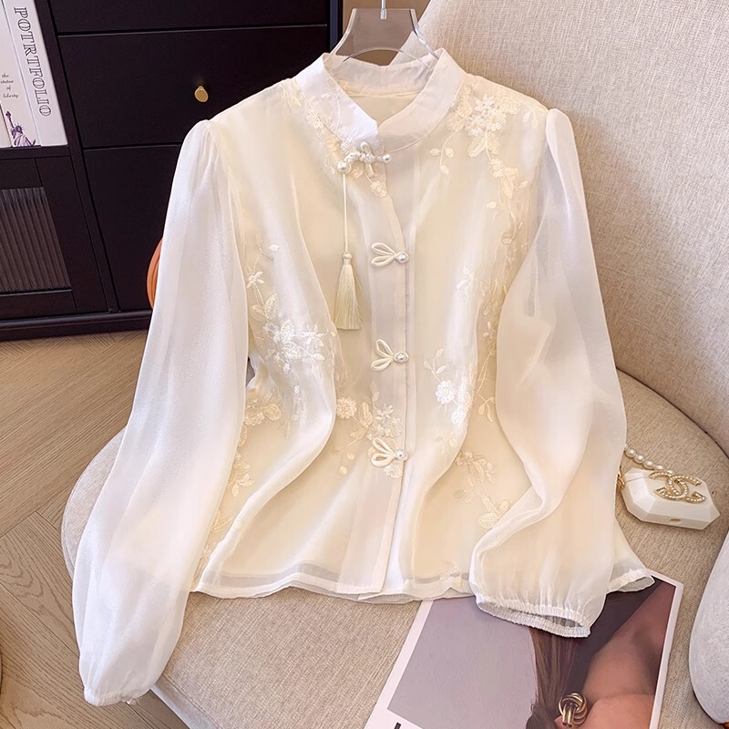 Chinese Style Embroidered Chiffon Shirt Spring New Chinese Retro Buckle Vertical Collar Elegant Top Shirt A3171