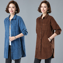 灯芯绒中长款衬衫2021秋季大码女装宽松翻领棉麻风衣外套一件代发