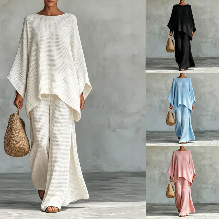 Independent Brand 2026 European and American Cross-Border New Style Women's Simple Loose Wide-Leg Waffle T-Shirt and Pants Set