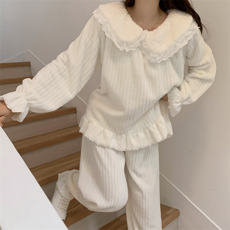 Coral fleece pajamas women's autumn and winter fleece-lined thickened flannel live popular doll collar home wear princess style