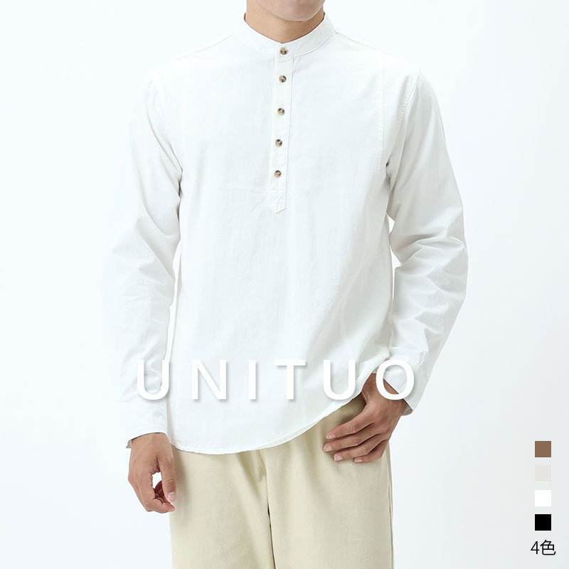 New Chinoiserie Pure Cotton Shirt, High-End Waffle Henley Collar Long-Sleeved T-Shirt, Men's Shirt, Casual Pullover Bottoming Shirt