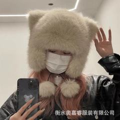 秋冬小浣熊帽子仿狐狸毛加厚男女儿童保暖护耳雷锋帽毛绒皮草帽