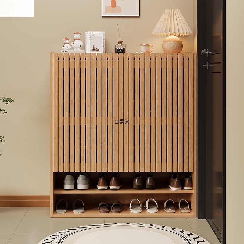 Solid Wood Shoe Cabinet for Home Entrance, New Chinese Style Solid Wood Shoe Cabinet with Large Capacity, Breathable Grille at the Entrance Door and Elevator Entrance